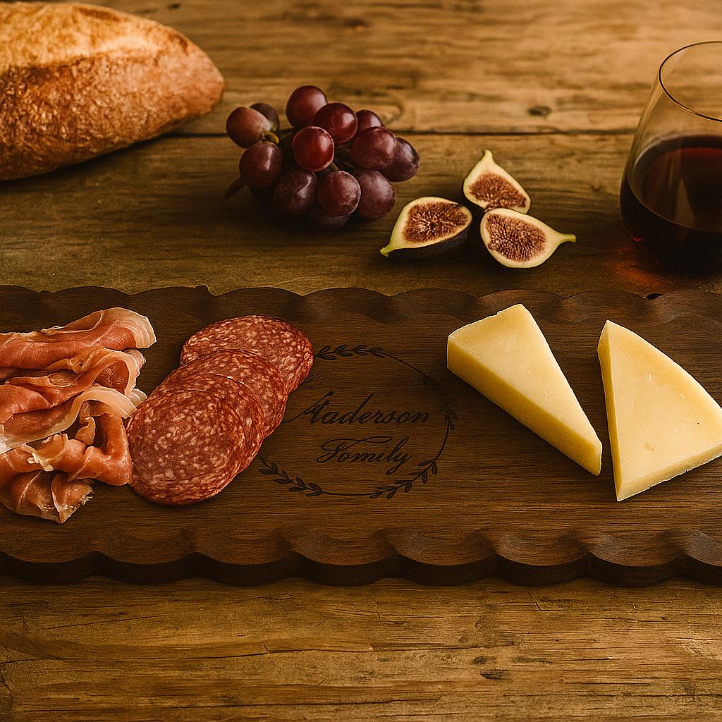 Personalized scalloped edge walnut charcuterie board | Engraved serving platter for weddings, housewarming