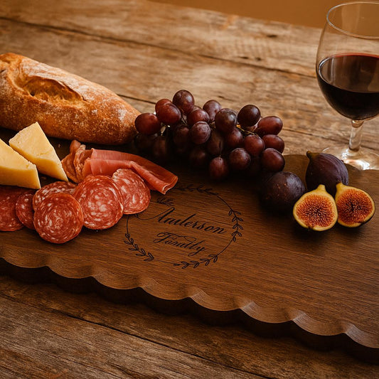 Personalized scalloped edge walnut charcuterie board | Engraved serving platter for weddings, housewarming