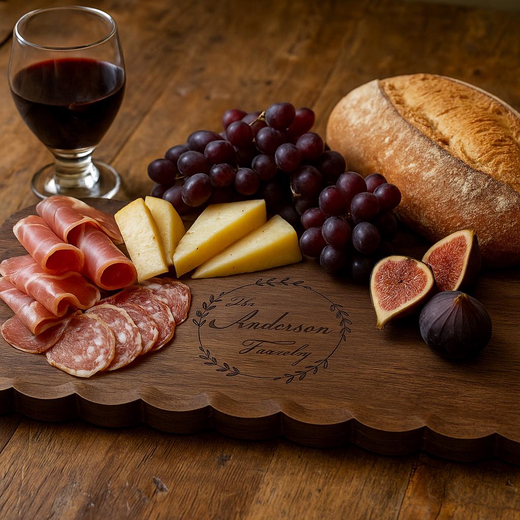 Personalized scalloped edge walnut charcuterie board | Engraved serving platter for weddings, housewarming