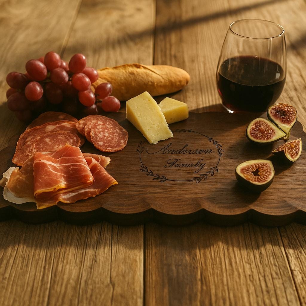Personalized scalloped edge walnut charcuterie board | Engraved serving platter for weddings, housewarming