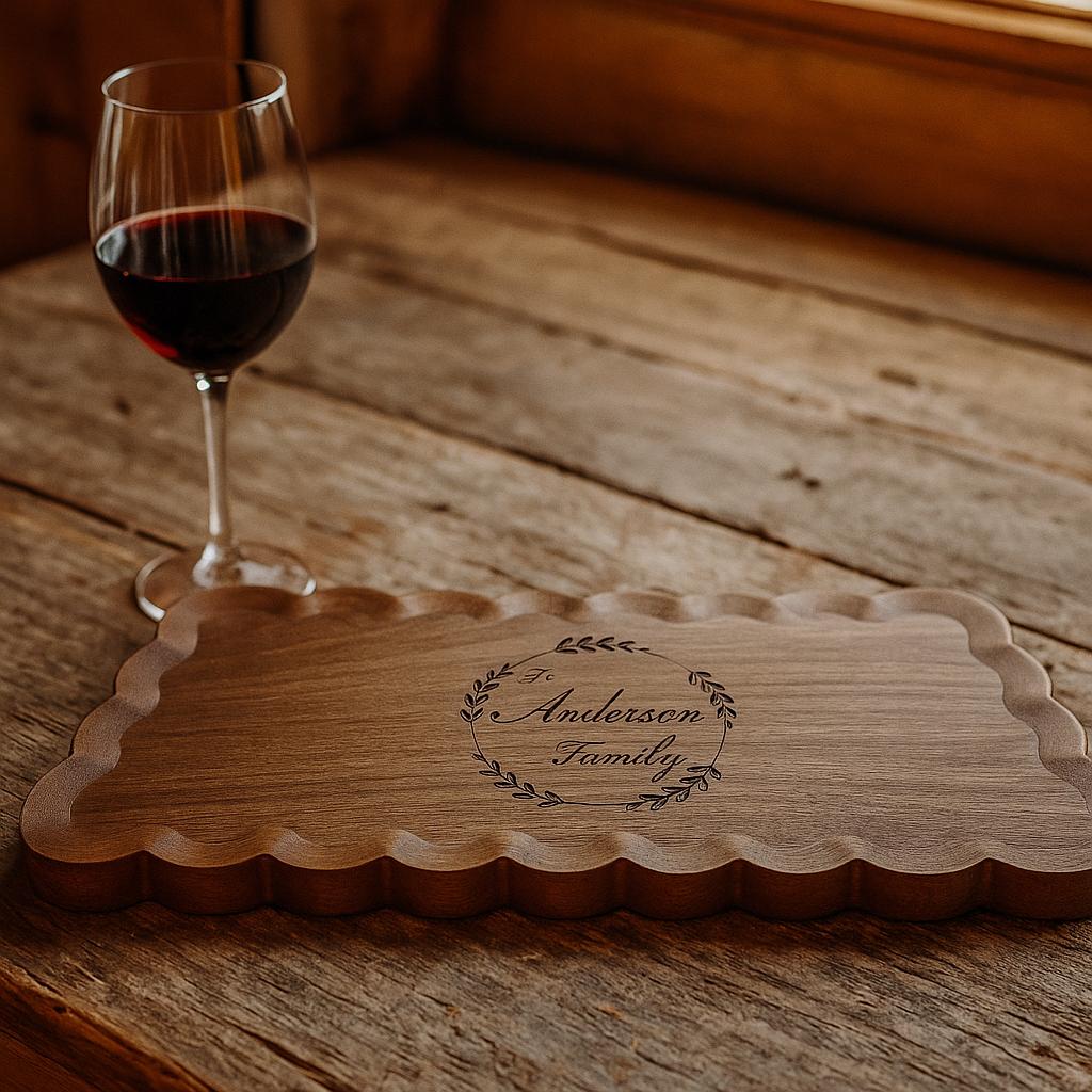 Personalized scalloped edge walnut charcuterie board | Engraved serving platter for weddings, housewarming