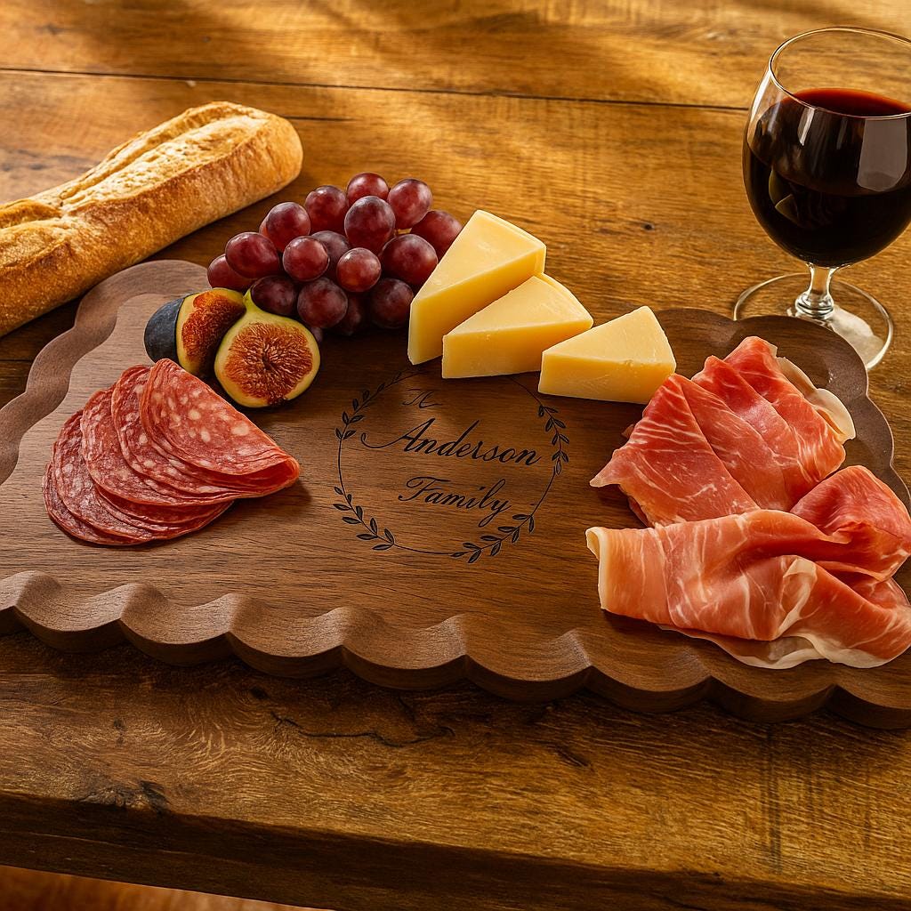 Personalized scalloped edge walnut charcuterie board | Engraved serving platter for weddings, housewarming