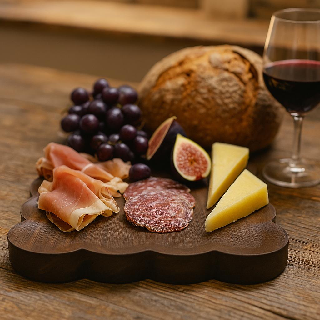 Personalized scalloped edge walnut charcuterie board | Engraved serving platter for weddings, housewarming